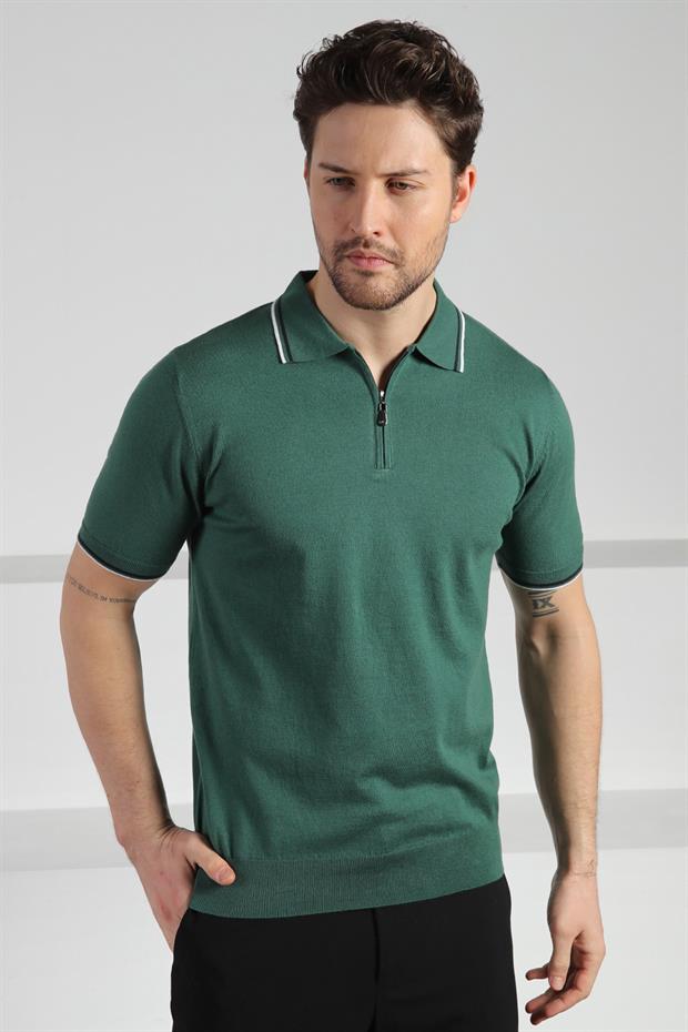 Ferraro Yeşil Polo Yaka Fermuarlı Erkek Pamuk Triko T-Shirt