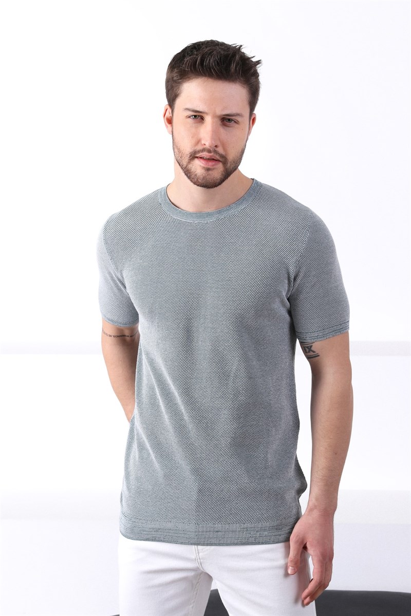 Ferraro Yeşil/Ekru Kuşgözü Desenli Bisiklet Yaka Erkek Triko T-Shirt