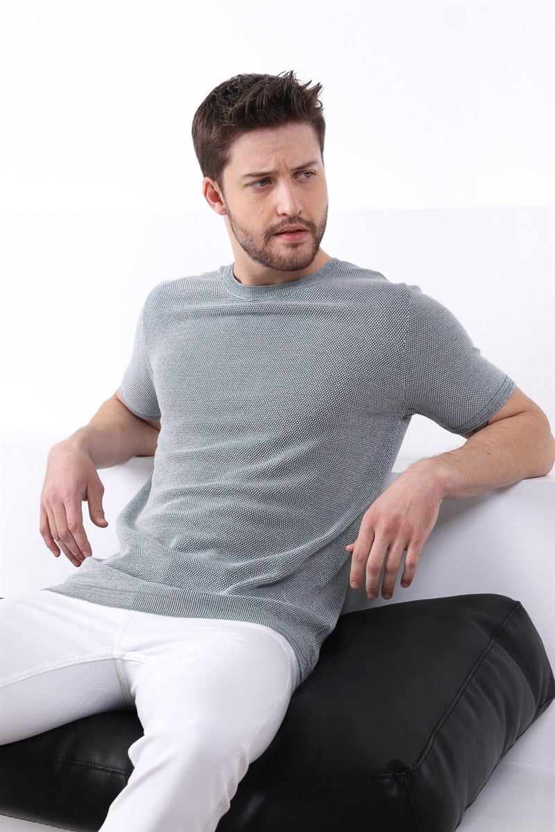 Ferraro Yeşil/Ekru Kuşgözü Desenli Bisiklet Yaka Erkek Triko T-Shirt