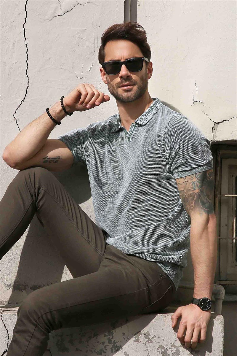 Ferraro Yeşil/Ekru Kuşgözü Desenli Polo Yaka Erkek Triko T-Shirt
