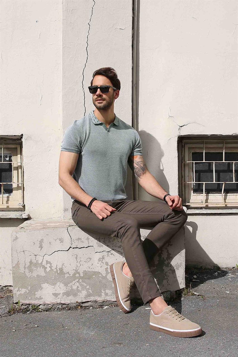 Ferraro Yeşil/Ekru Kuşgözü Desenli Polo Yaka Erkek Triko T-Shirt