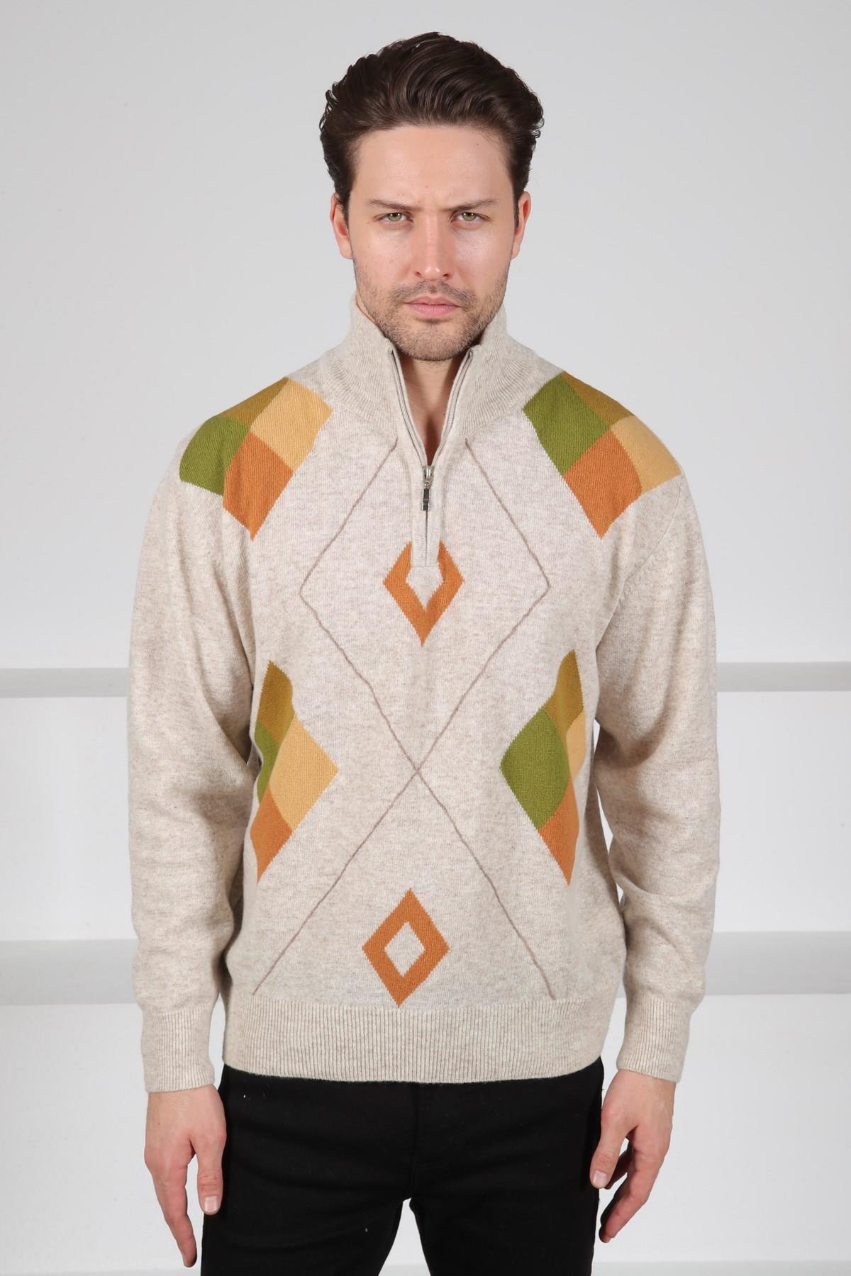 Ferraro A.Bej Balıkçı Yaka Fermuarlı Camel Yeşil Desen Detaylı Uzun Kollu %100 Kuzu Yünü Erkek Triko Kazak