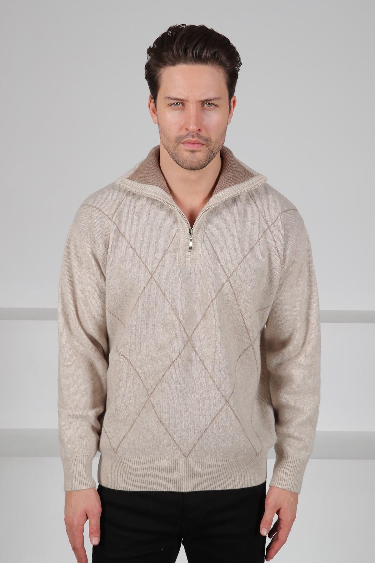 Ferraro A.Bej Balıkçı Yaka Fermuarlı Önü Çizgili Uzun Kollu %100 Kuzu Yünü Erkek Triko Kazak
