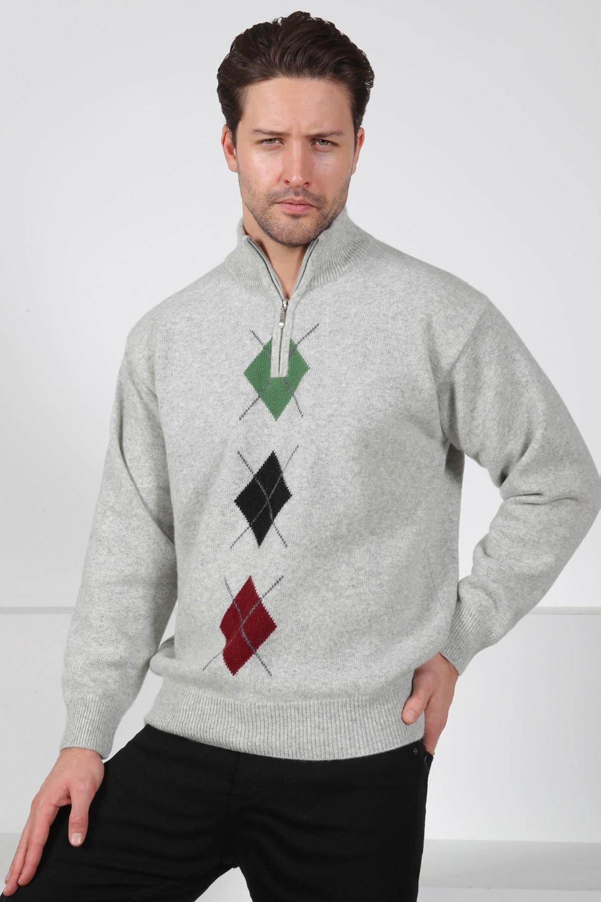 Ferraro A.Gri/Yeşil Balıkçı Yaka Fermuarlı Yeşil Siyah Desenli Uzun Kollu %100 Kuzu Yünü Erkek Triko Kazak