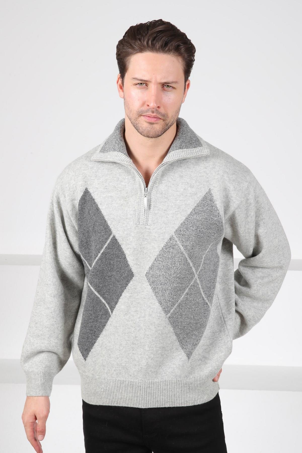 Ferraro A.Gri Balıkçı Yaka Fermuarlı Önü Baklava Desenli Uzun Kollu %100 Kuzu Yünü Erkek Triko Kazak