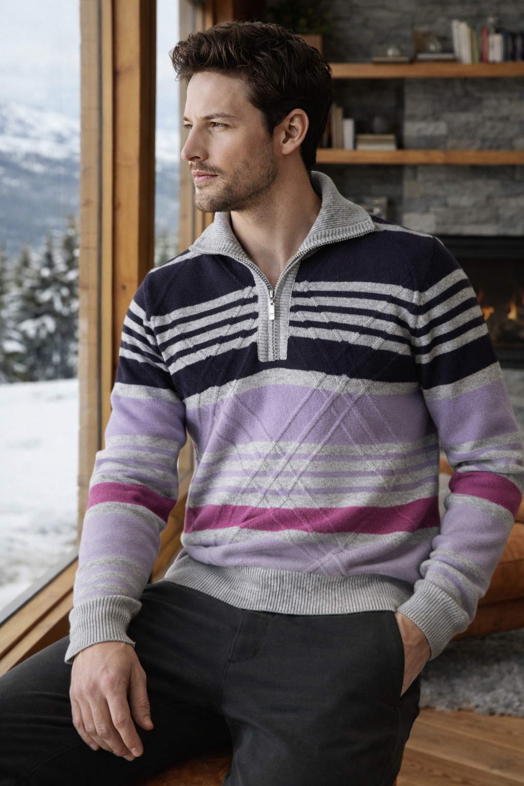 Ferraro A.Gri Fermuarlı Dik Yaka %100 Kuzu Yünü Erkek Kazak