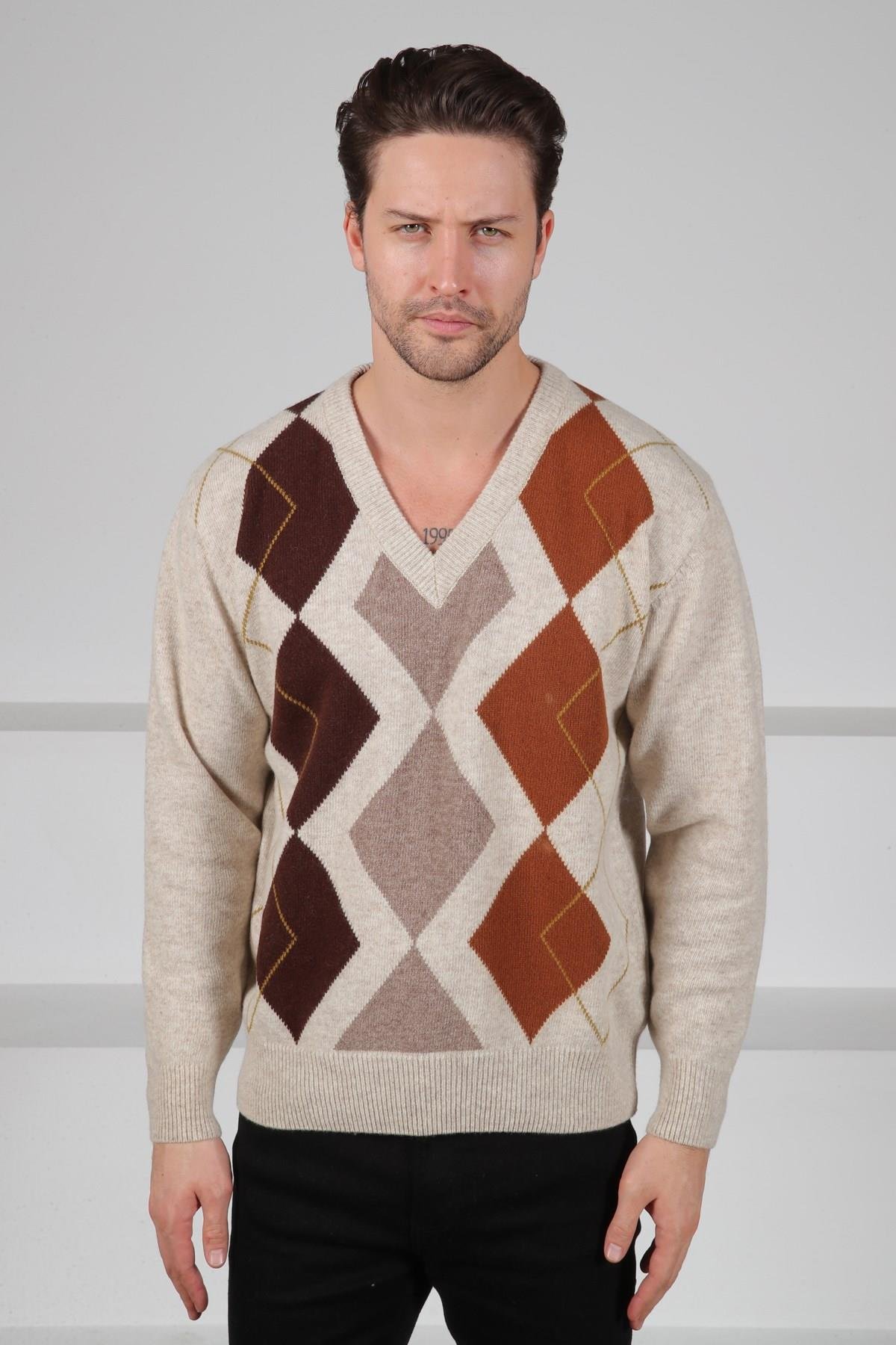 Ferraro A.Bej Baklava Desenli V Yaka Uzun Kollu %100 Kuzu Yünü Erkek Triko Kazak
