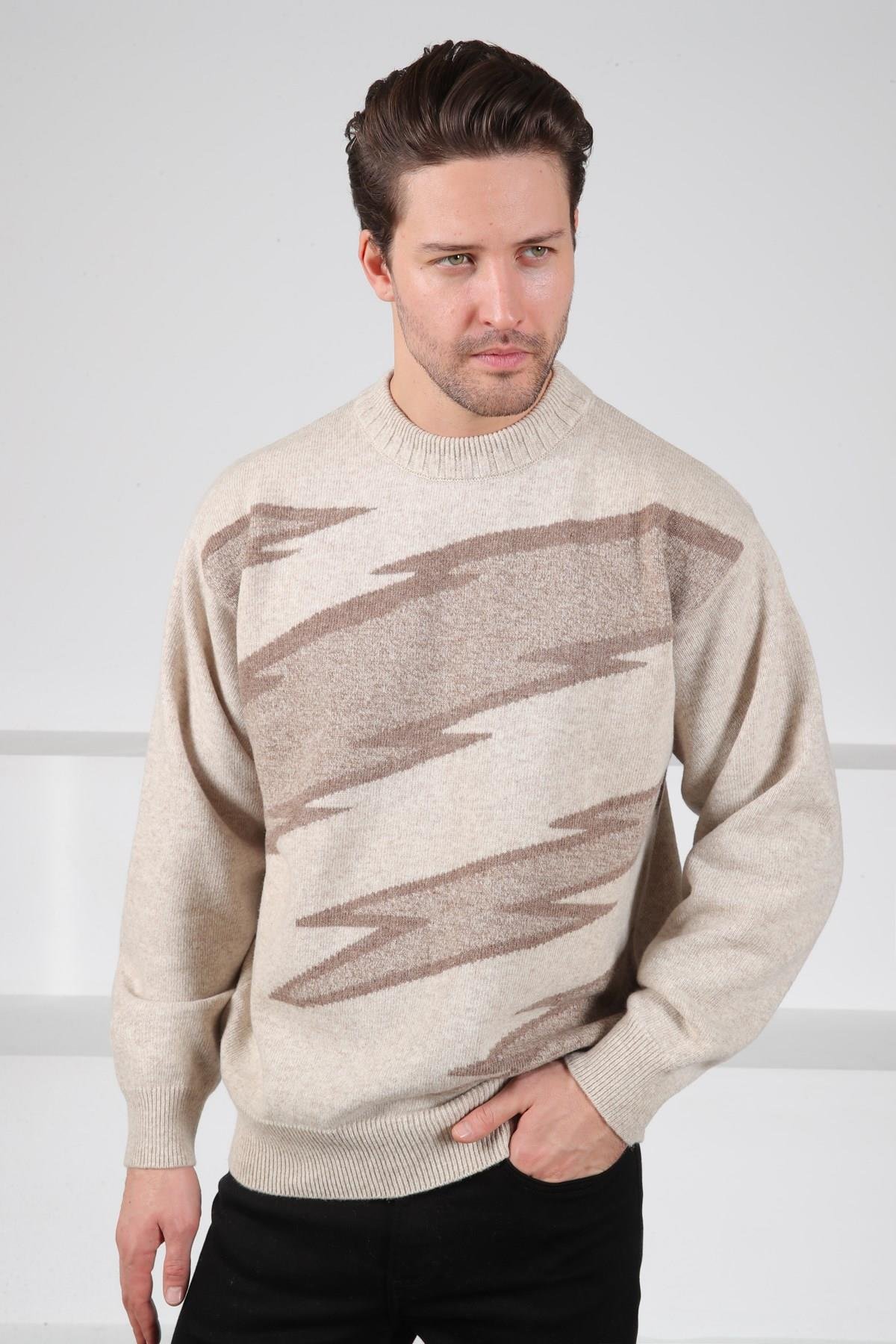 Ferraro A.Bej/Kahve Bisiklet Yaka Renk Bloklu Uzun Kollu %100 Kuzu Yünü Erkek Triko Kazak