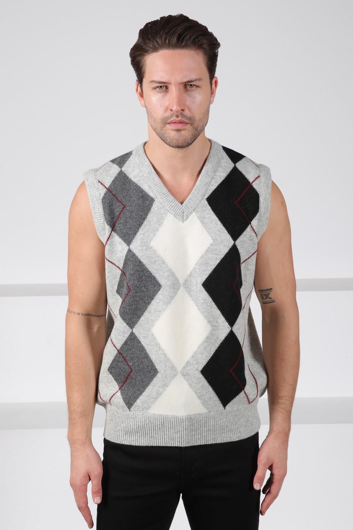 Ferraro A.Gri Baklava Desenli V Yaka %100 Kuzu Yünü Erkek Triko Süveter