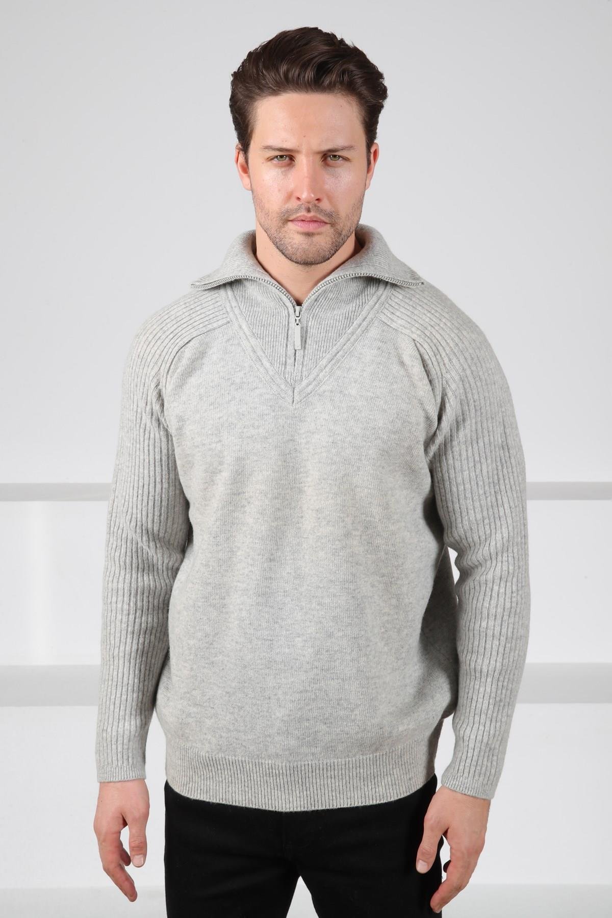 Ferraro A.Gri Balıkçı Yaka Fermuarlı Kolları Fitilli Uzun Kollu Kuzu Yünü Karışımlı Erkek Triko Kazak