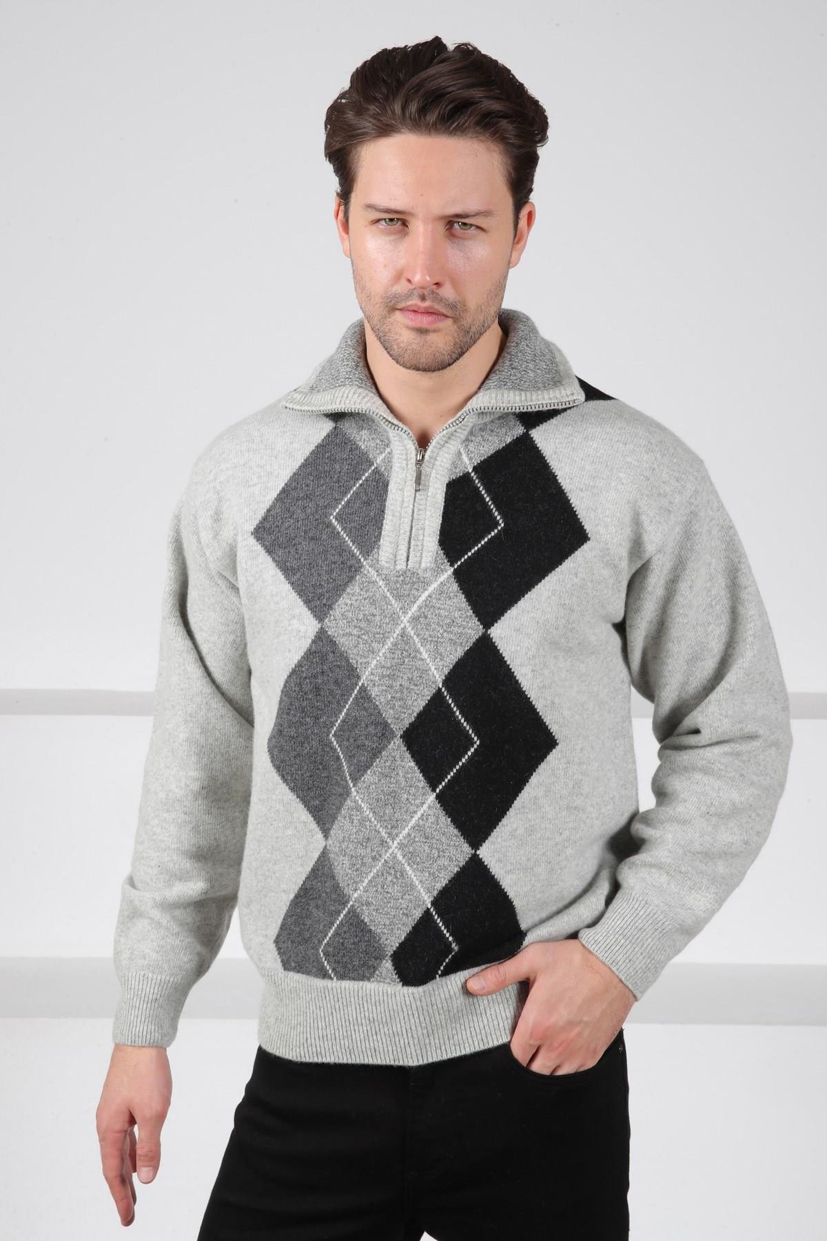 Ferraro A.Gri/Füme Balıkçı Yaka Fermuarlı Geometrik Zigzag Desenli Uzun Kollu %100 Kuzu Yünü Erkek Triko Kazak