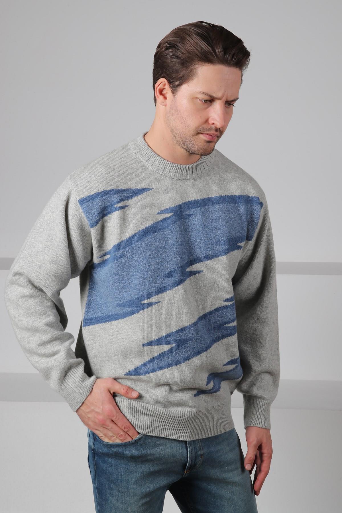 Ferraro A.Gri/Havacı Bisiklet Yaka Renk Bloklu Uzun Kollu %100 Kuzu Yünü Erkek Triko Kazak