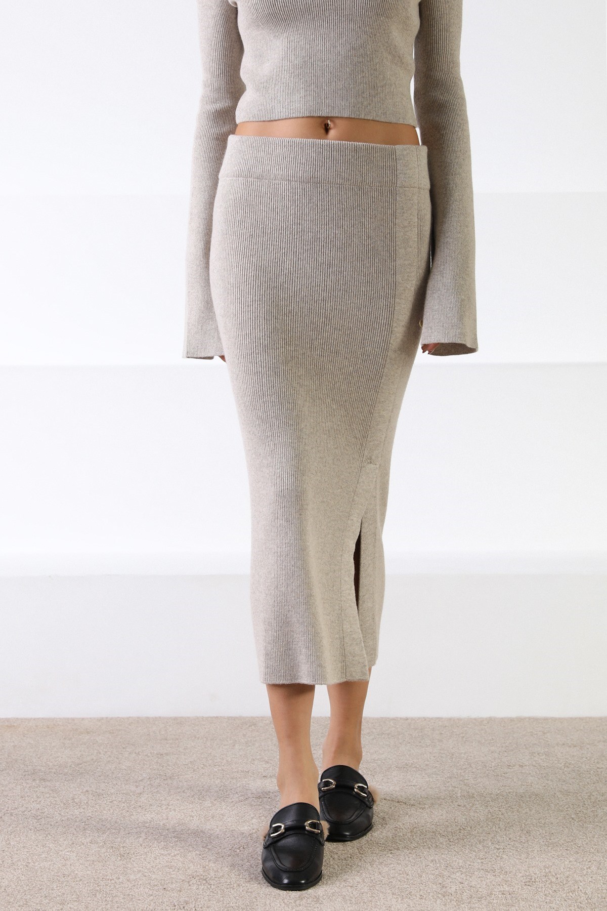 Ferraro A.Bej Fitilli Kaşmirli Kadın Triko Etek