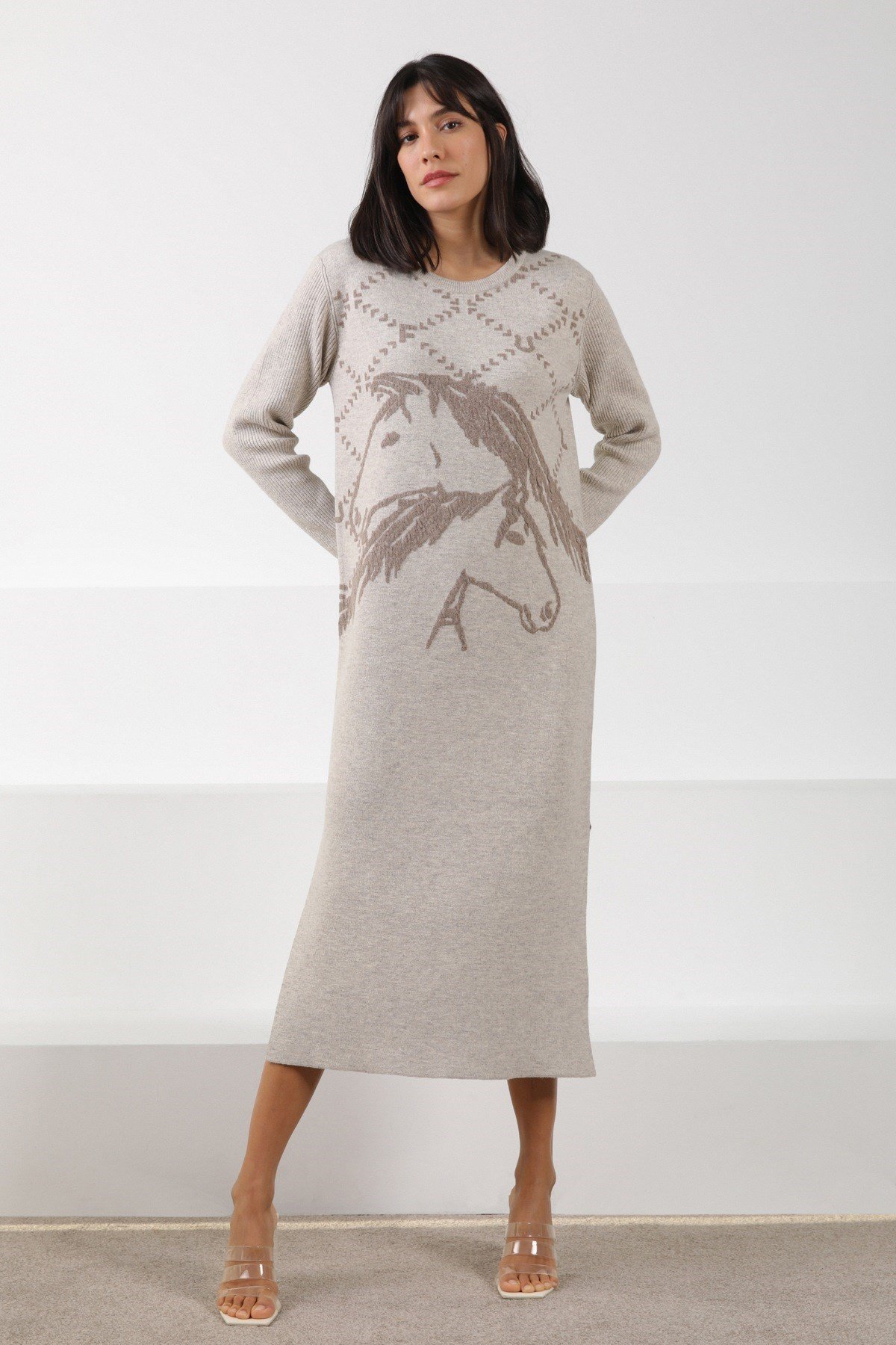 Ferraro A.Bej/Vizon Uzun Kollu Bisiklet Yaka Kaşmirli Kadın Triko Elbise