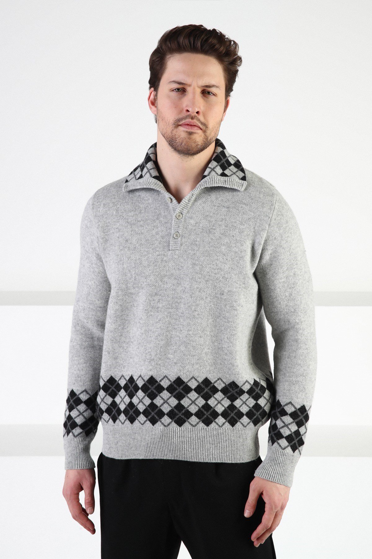 Ferraro A.Gri Düğmeli Dik Yaka %100 Kuzu Yünü Erkek Kazak