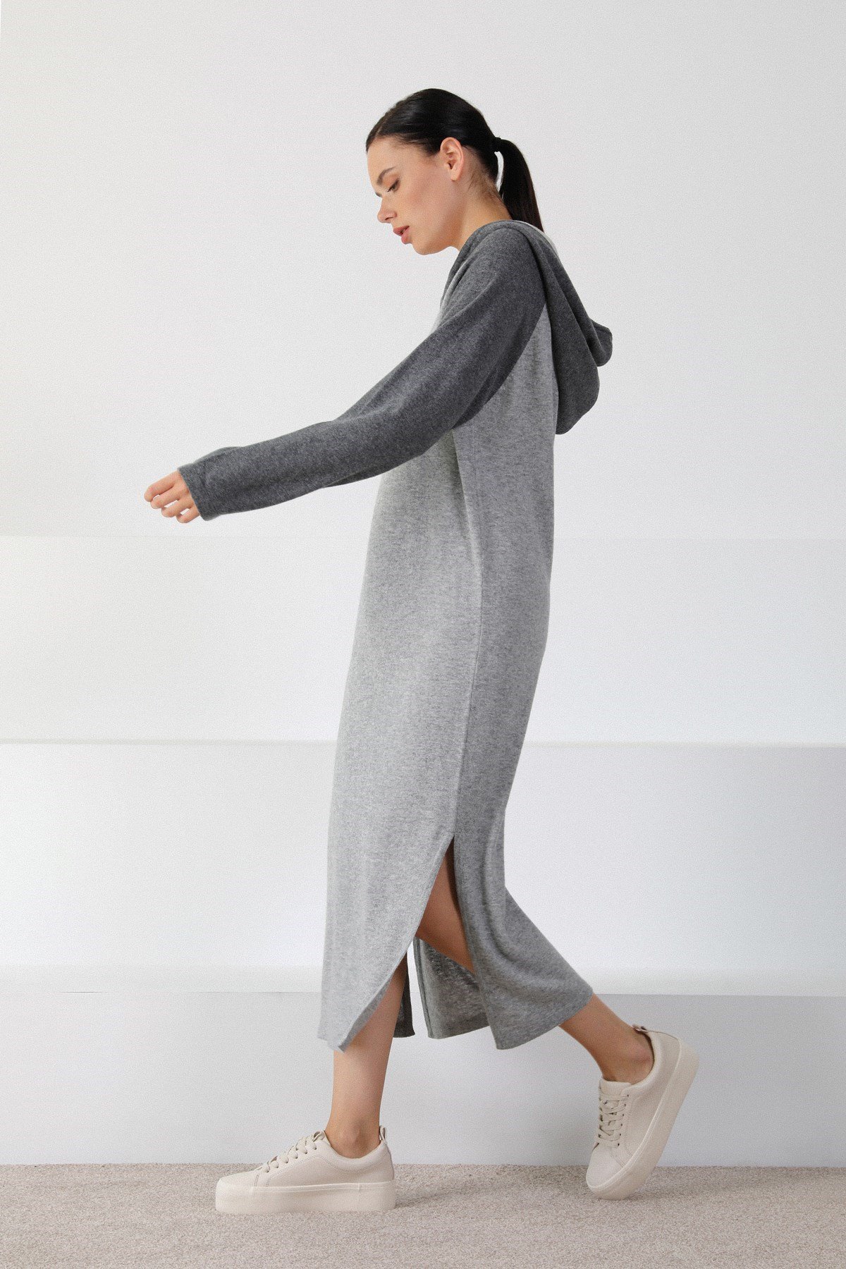 Ferraro A.Gri/Antrasit Kapüşonlu Pamuklu Kadın Triko Elbise