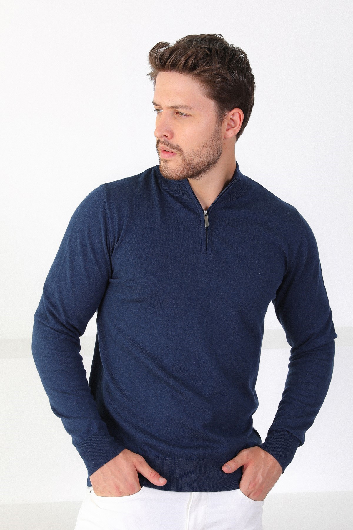 Ferraro Açık Lacivert Dik Yaka Düz Renk Pamuk Erkek Kazak