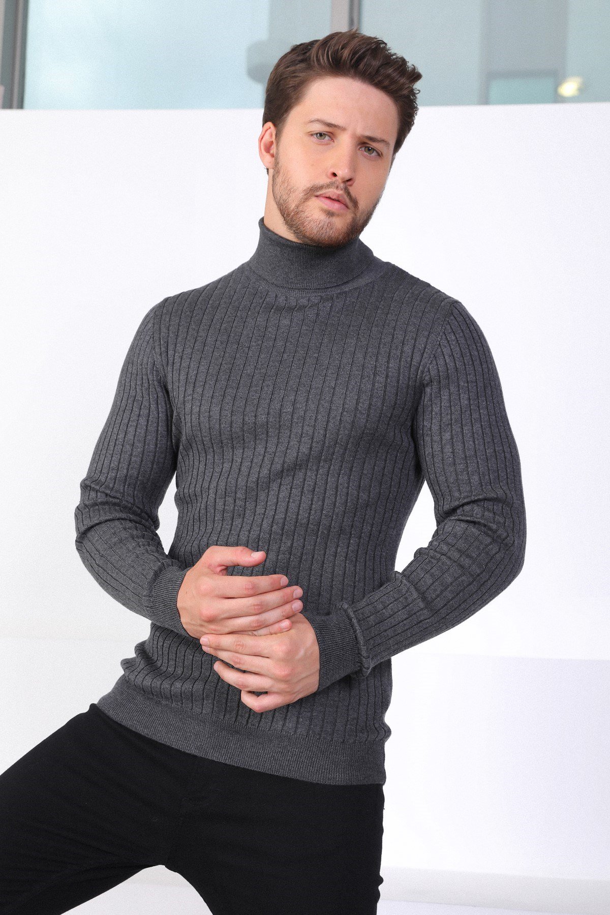 Ferraro Antrasit Balıkçı Yaka Fitilli Erkek Kazak