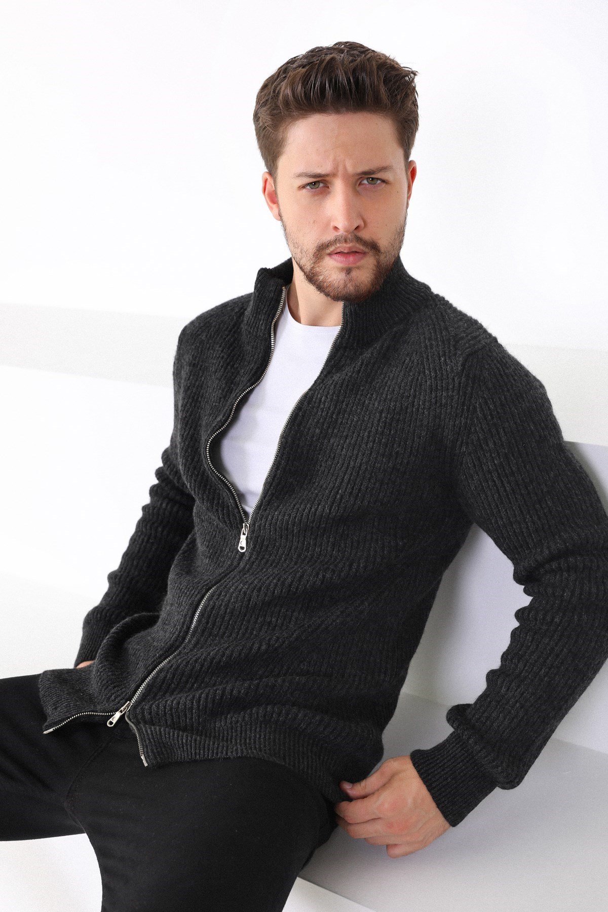 Ferraro Antrasit Çift Fermuarlı Erkek Triko Hırka