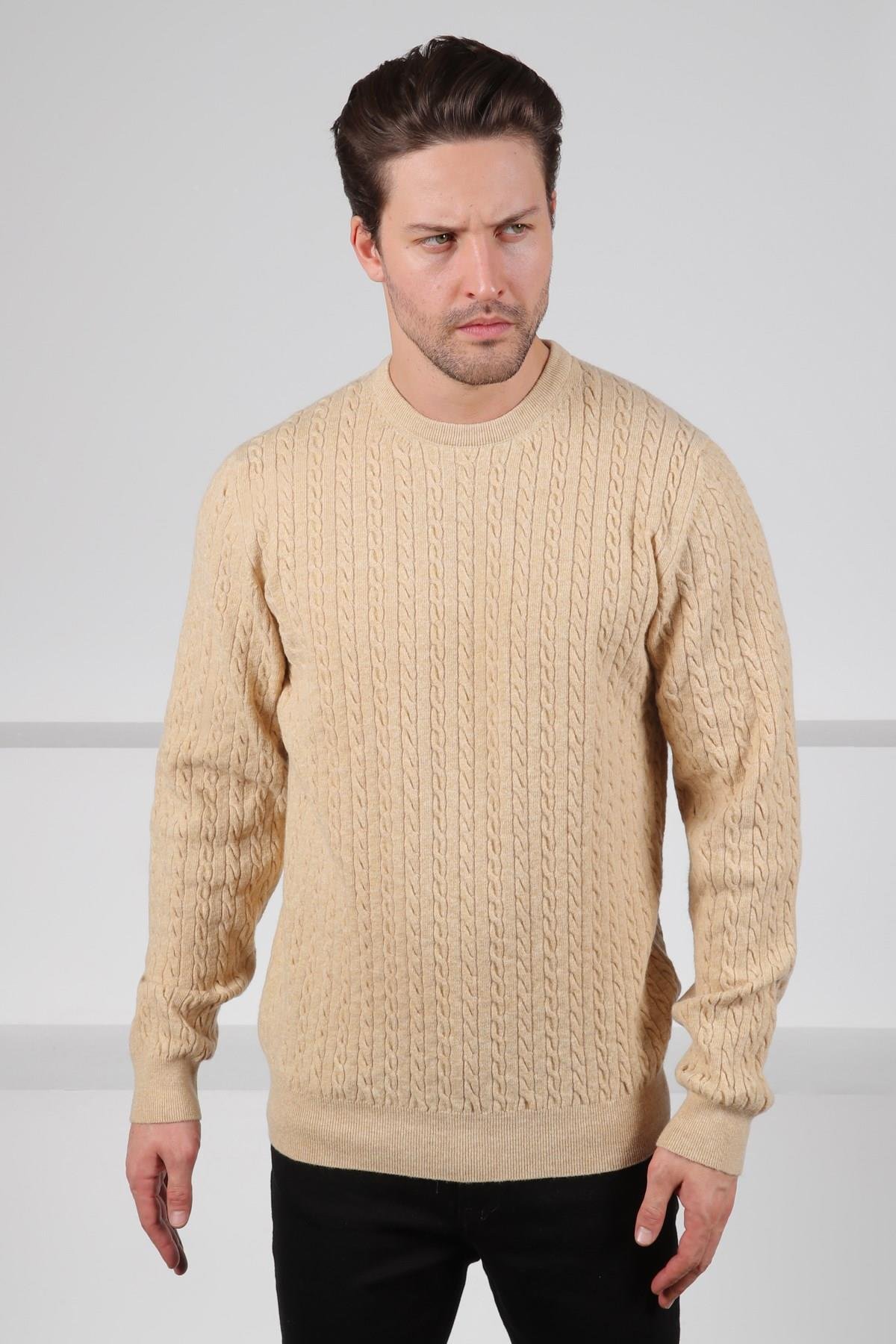 Ferraro Bej Bisiklet Yaka Kabartmalı Saç Örgü Desenli Uzun Kollu %100 Kuzu Yünü Erkek Triko Kazak