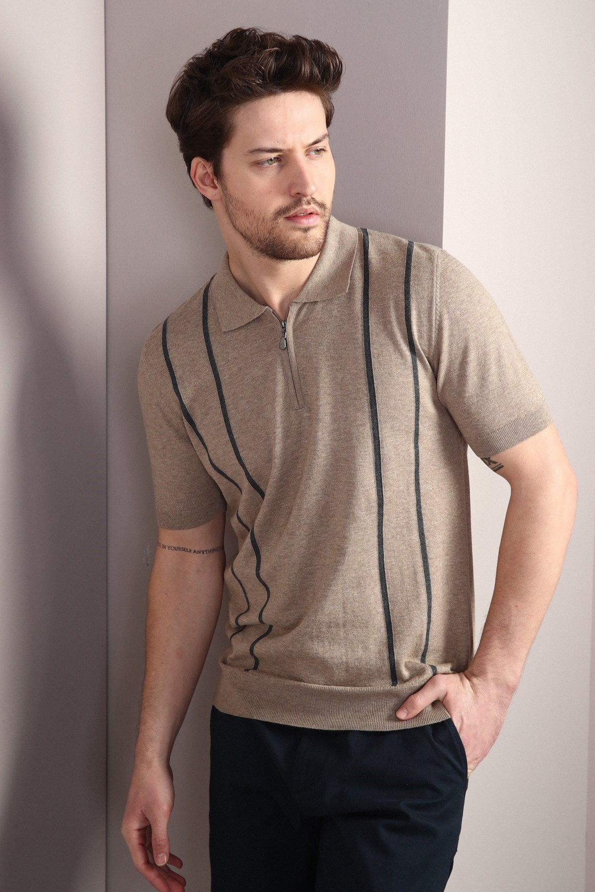 Ferraro Bej Fermuarlı Polo Yaka %100 Pamuk Erkek Triko T-Shirt