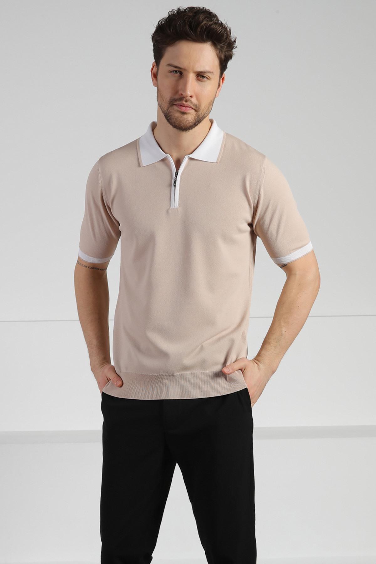Ferraro Bej Fermuarlı Polo Yaka Erkek Rayon Triko T-Shirt