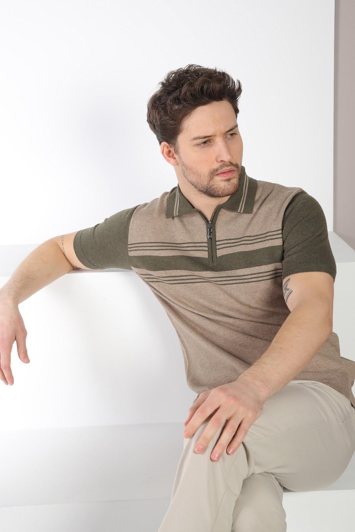 Ferraro Bej Polo Yaka Çizgili Fermuarlı Erkek Pamuk Triko T-Shirt