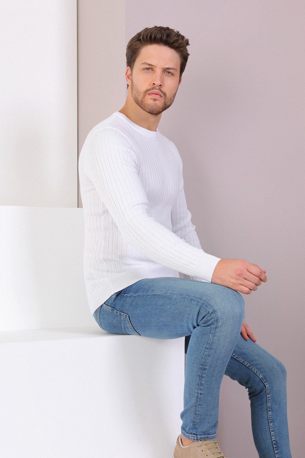 Ferraro Beyaz Bisiklet Yaka Fitilli Erkek Kazak