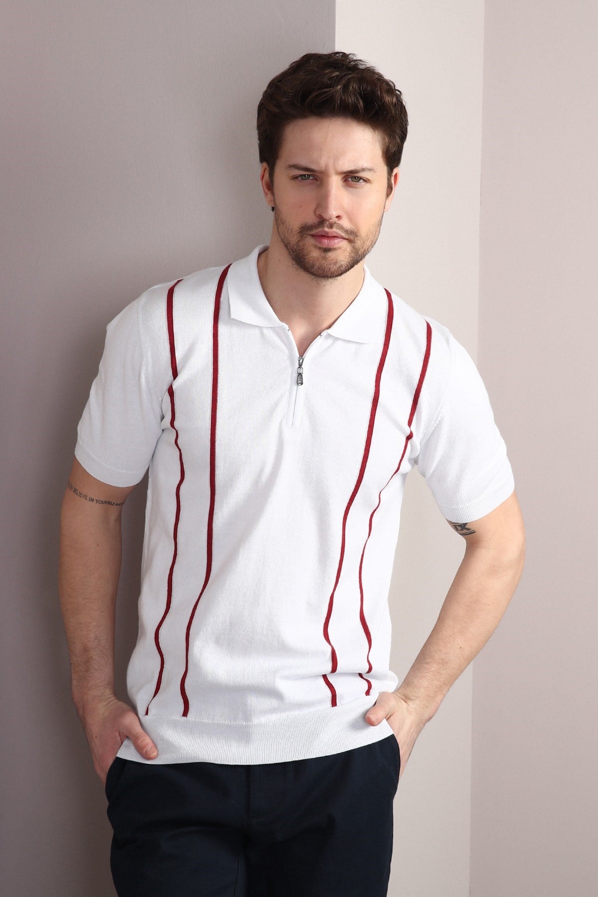 Ferraro Beyaz Fermuarlı Polo Yaka %100 Pamuk Erkek Triko T-Shirt
