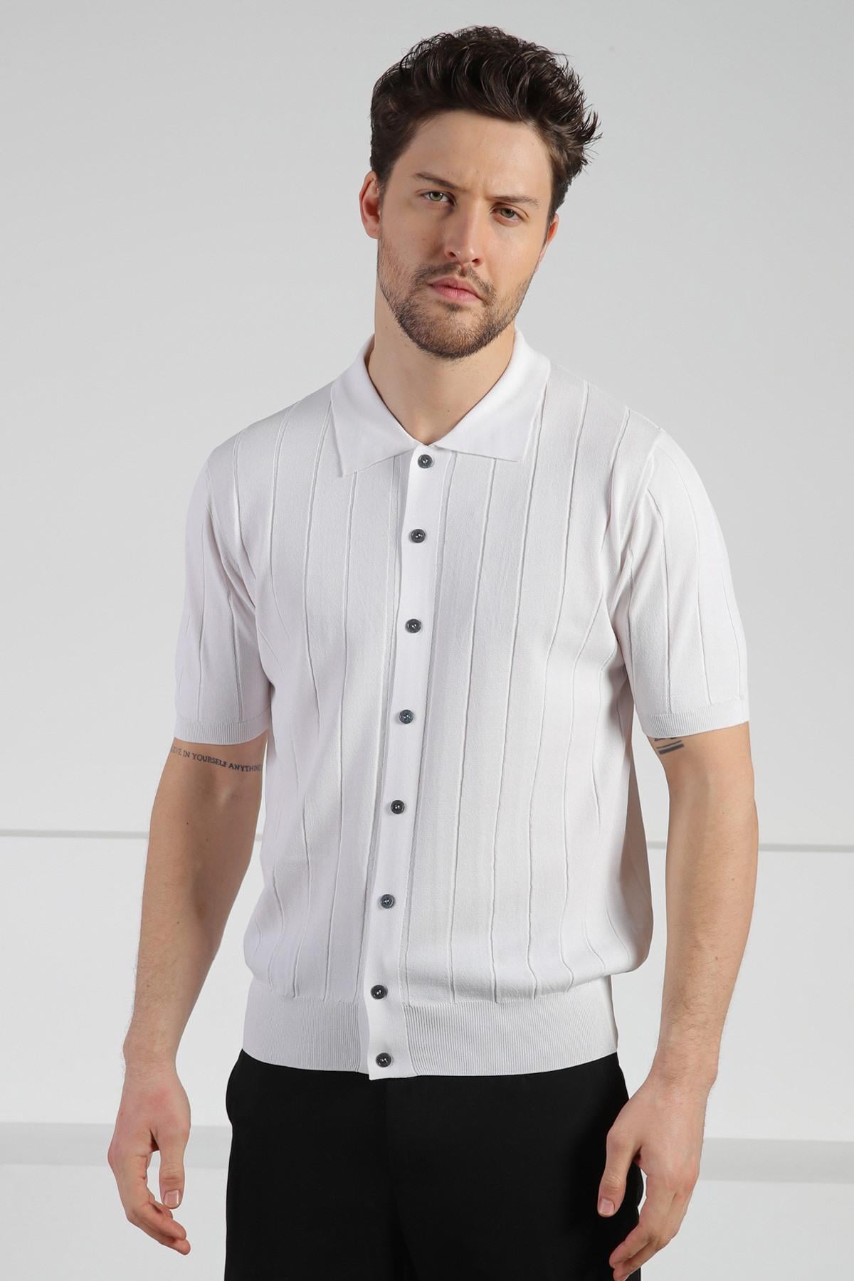 Ferraro Beyaz Önü Düğmeli Polo Yaka Erkek Rayon Triko T-Shirt