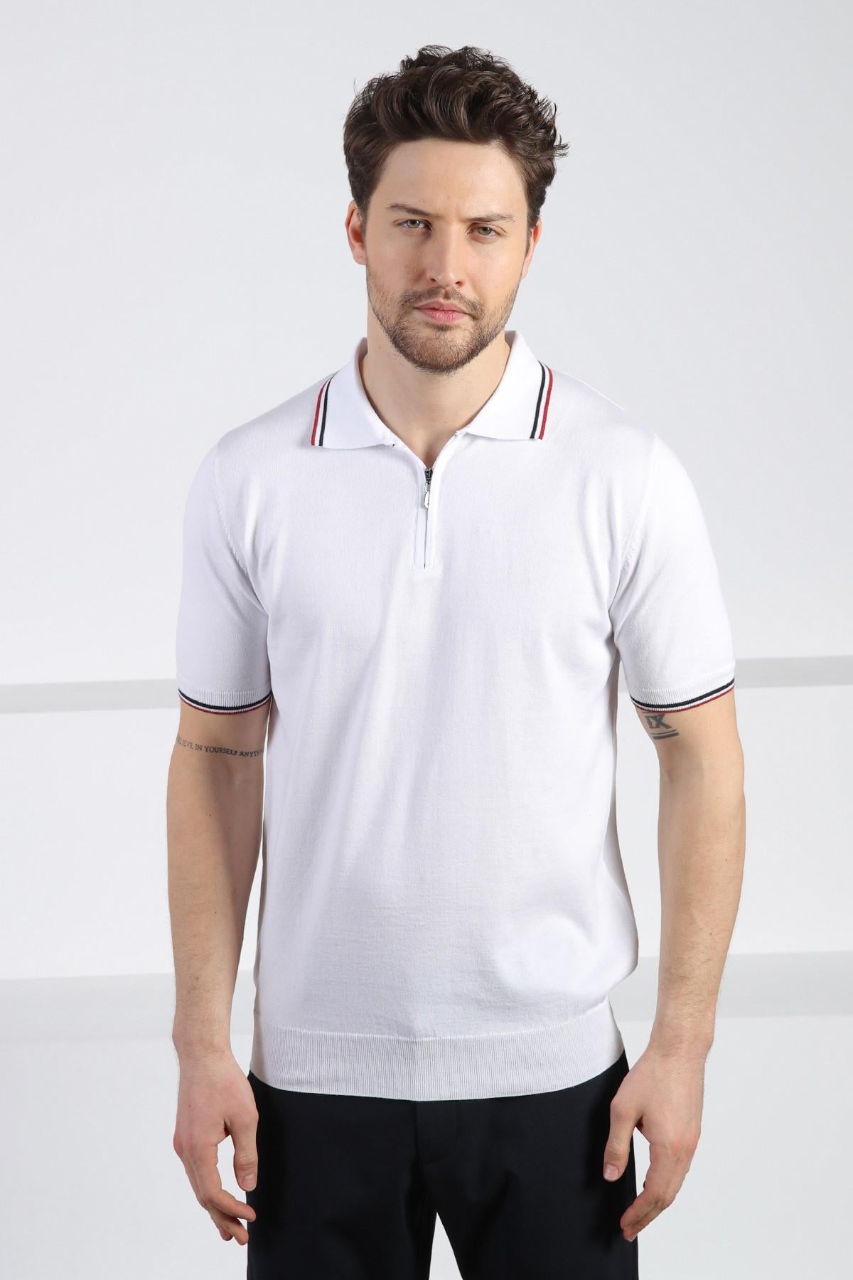 Ferraro Beyaz Polo Yaka Fermuarlı Erkek Pamuk Triko T-Shirt