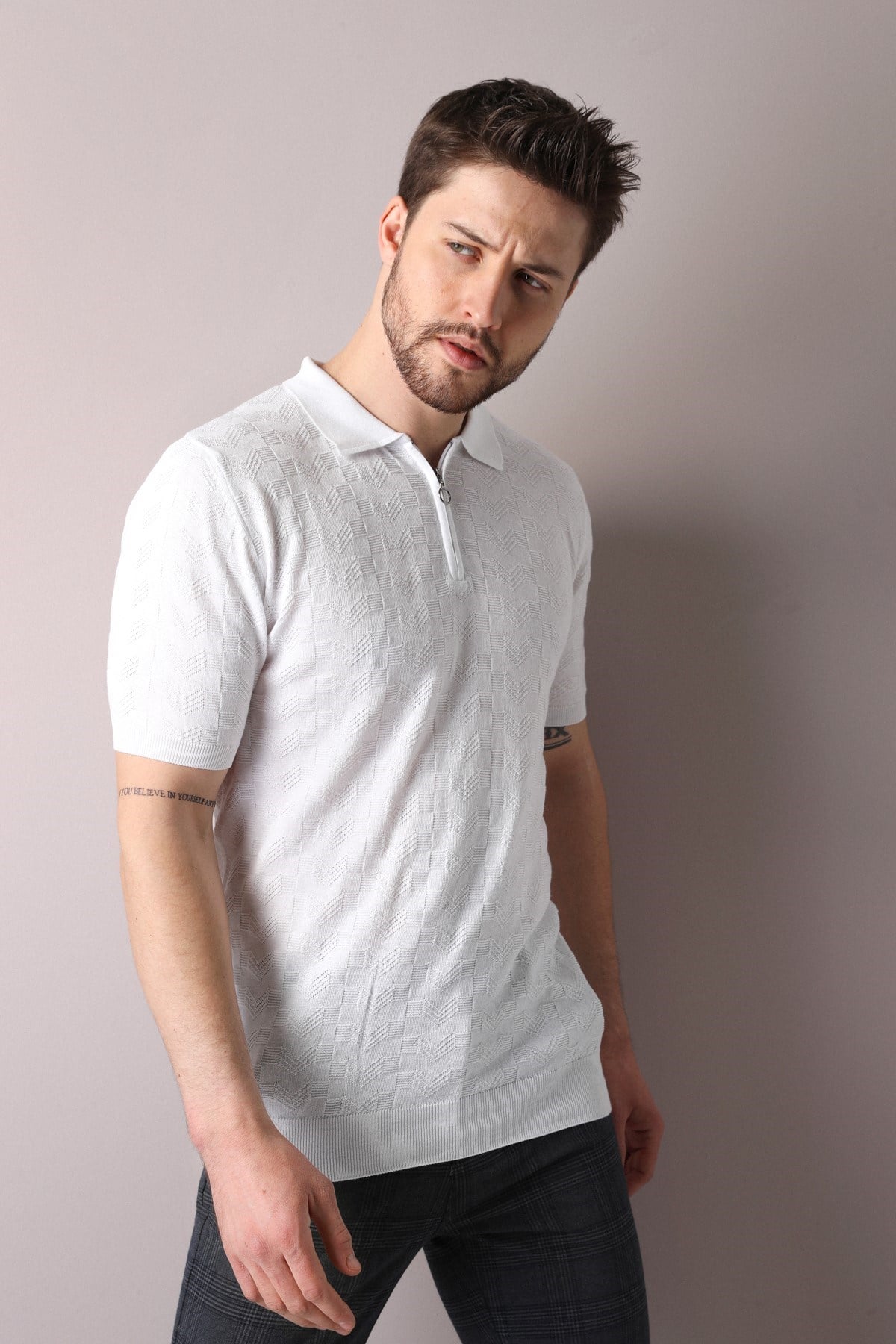 Ferraro Beyaz Polo Yaka Fermuarlı Erkek Pamuk Triko T-Shirt