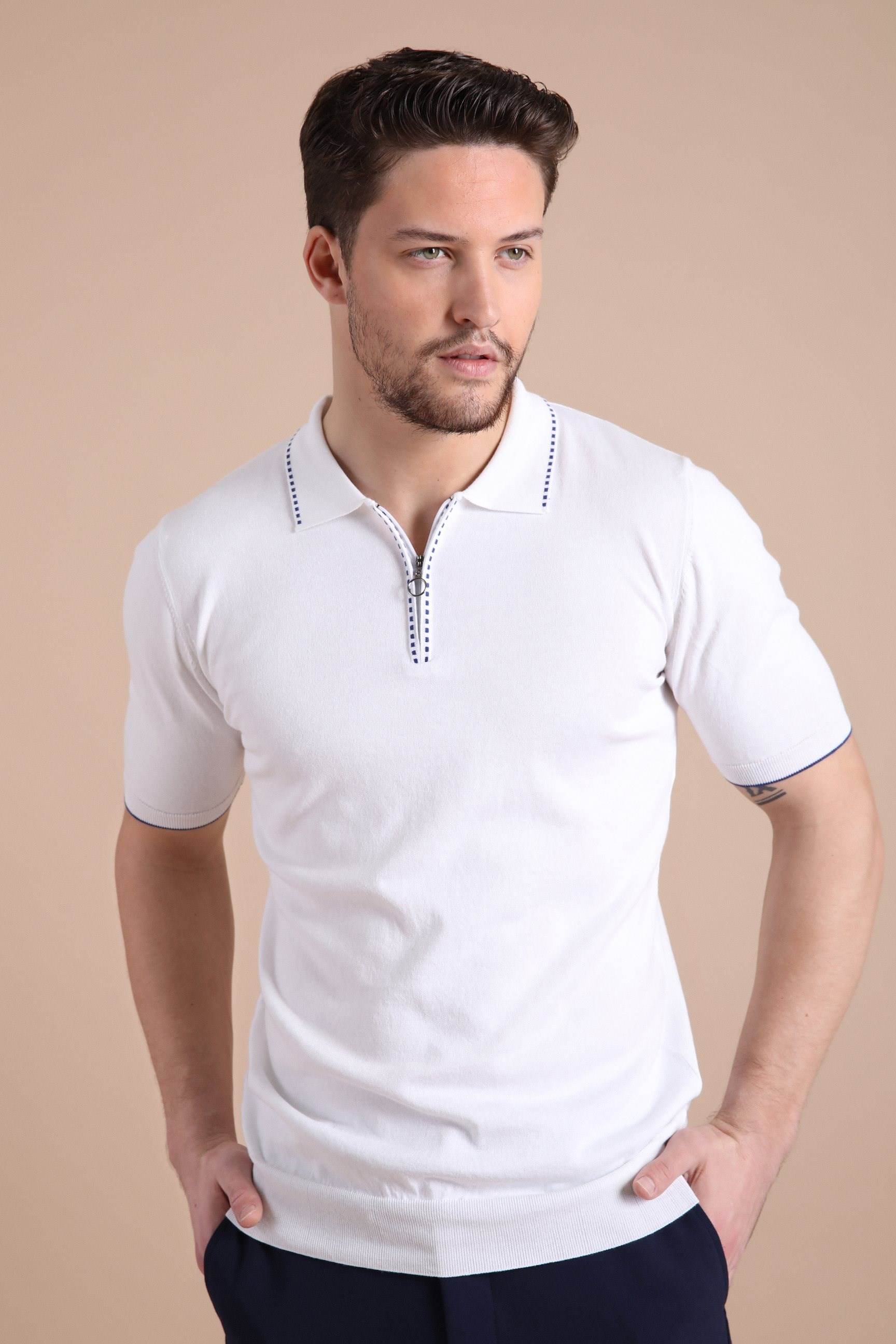 Ferraro Beyaz Polo Yaka Fermuarlı Erkek Pamuk Triko T-Shirt