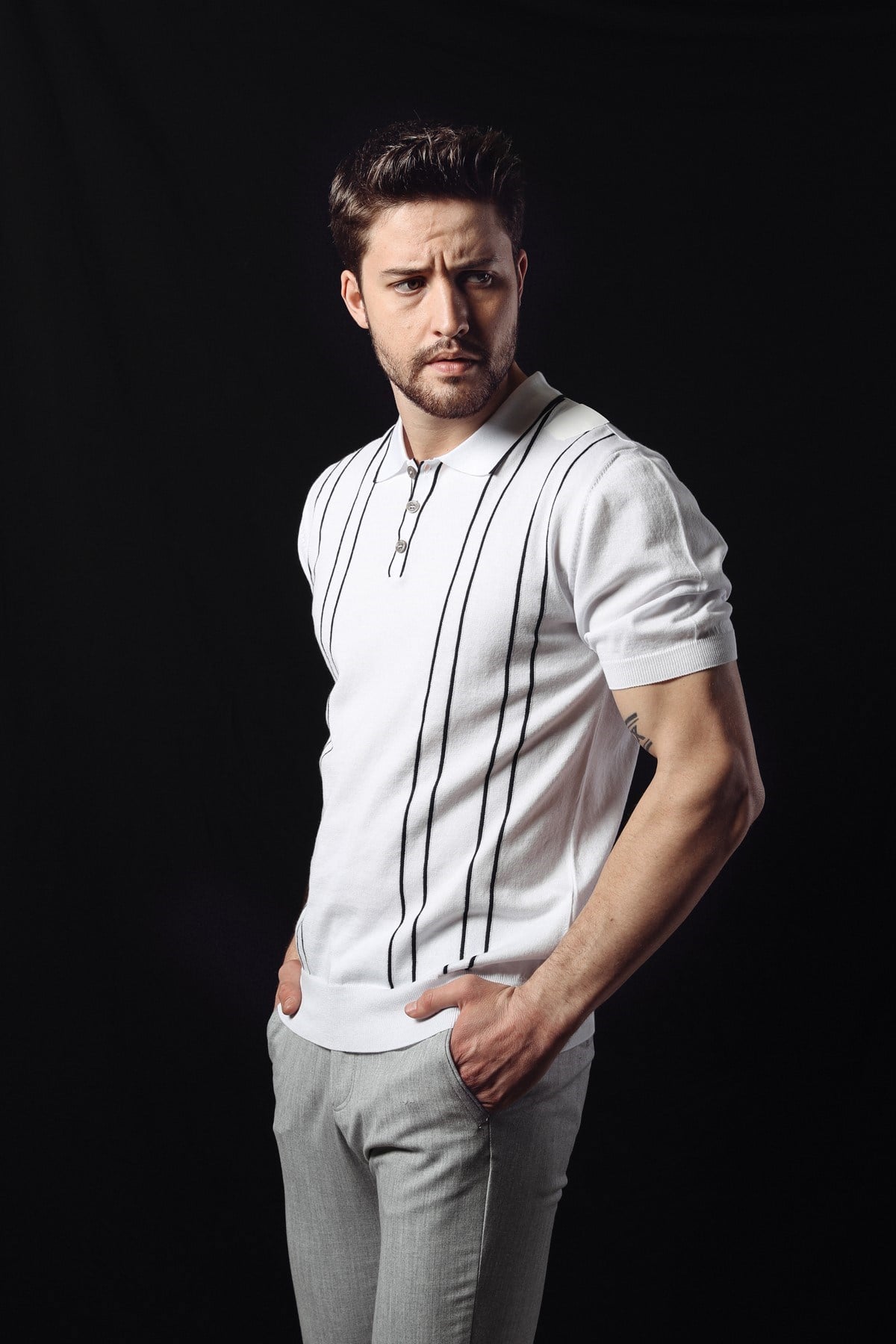 Ferraro Beyaz/Laci Polo Yaka Dik Çizgili Erkek Pamuk Triko T-Shirt