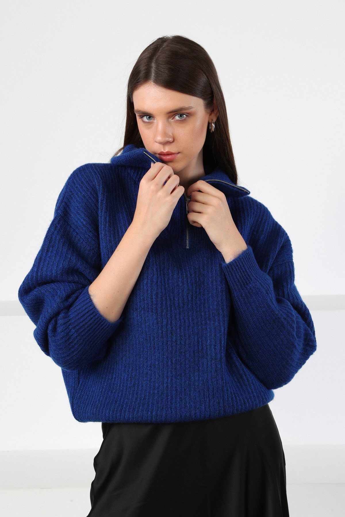 Ferraro Blue Fermuarlı Yarım Balıkçı Yaka Kadın Triko Kazak