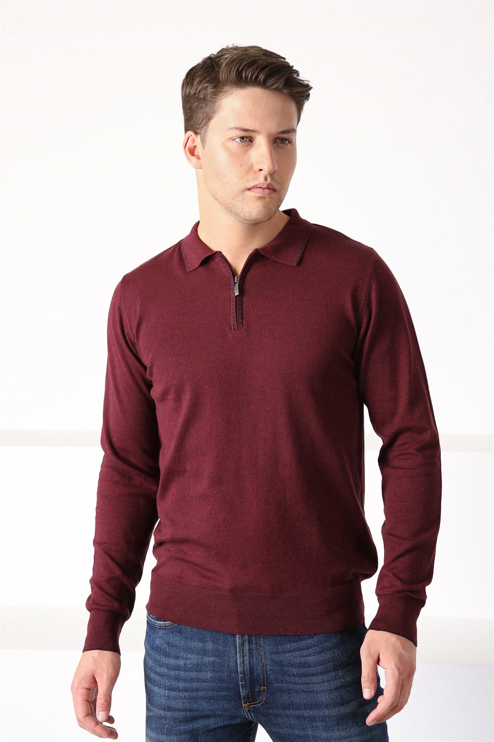 Ferraro Bordo Polo Yaka Fermuarlı Erkek Pamuk Kazak