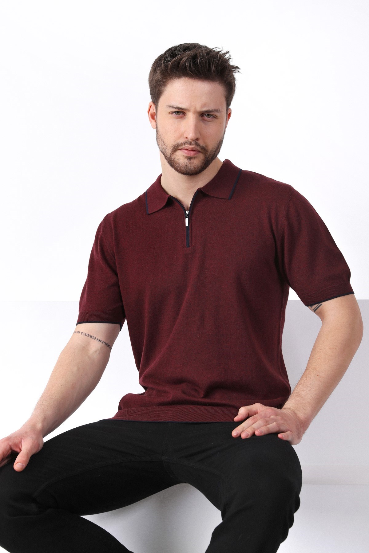 Ferraro Bordo Yaka Şerit Fermuarlı Erkek Pamuk Triko T-Shirt