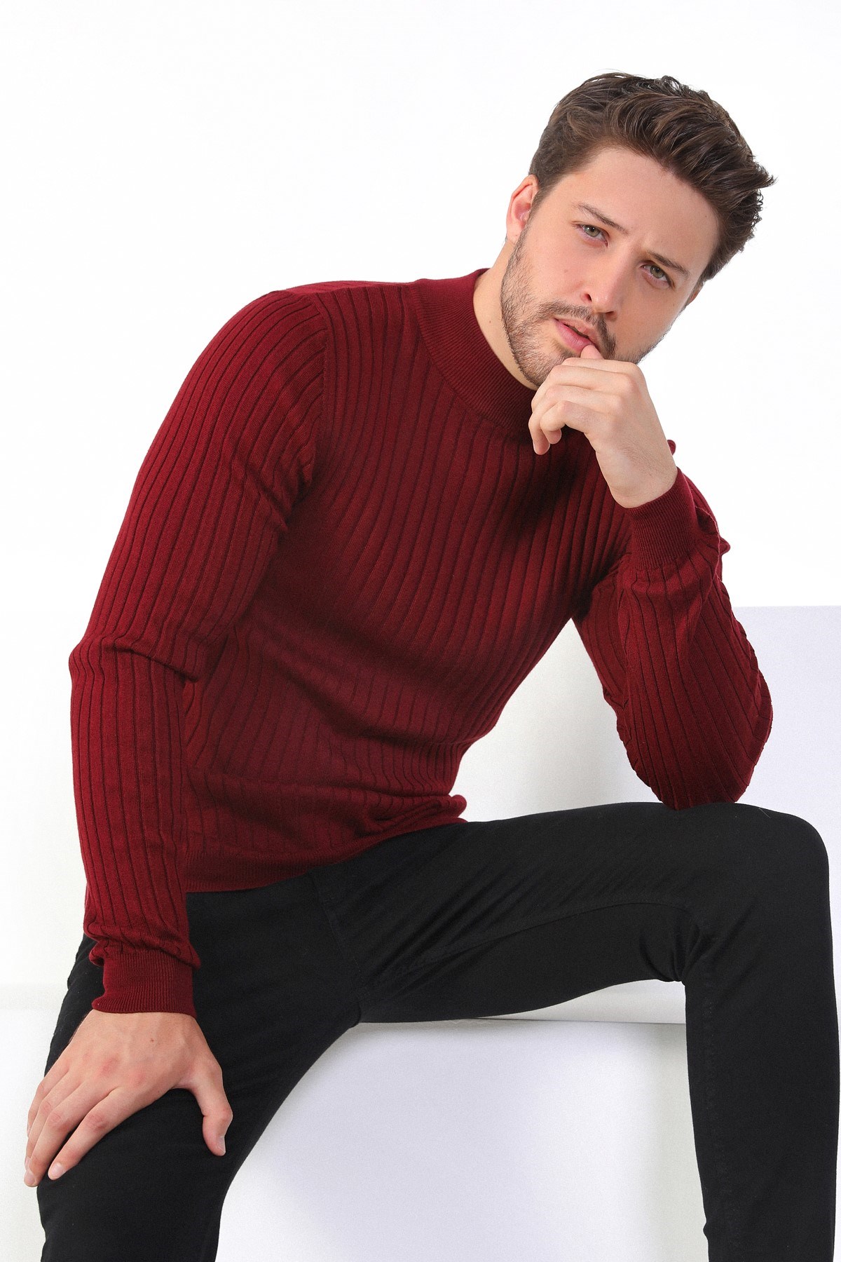 Ferraro Bordo Yarım Balıkçı Yaka Fitilli Erkek Kazak