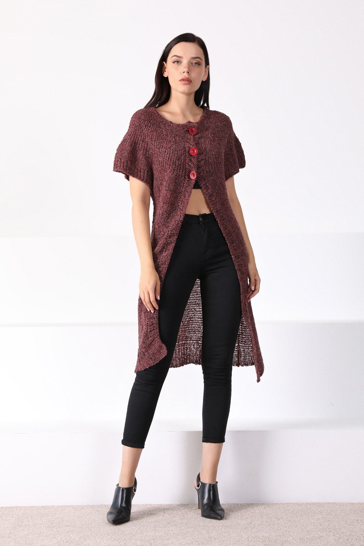 Ferraro Bordo Yuvarlak Yaka Uzun Kadın Triko Hırka