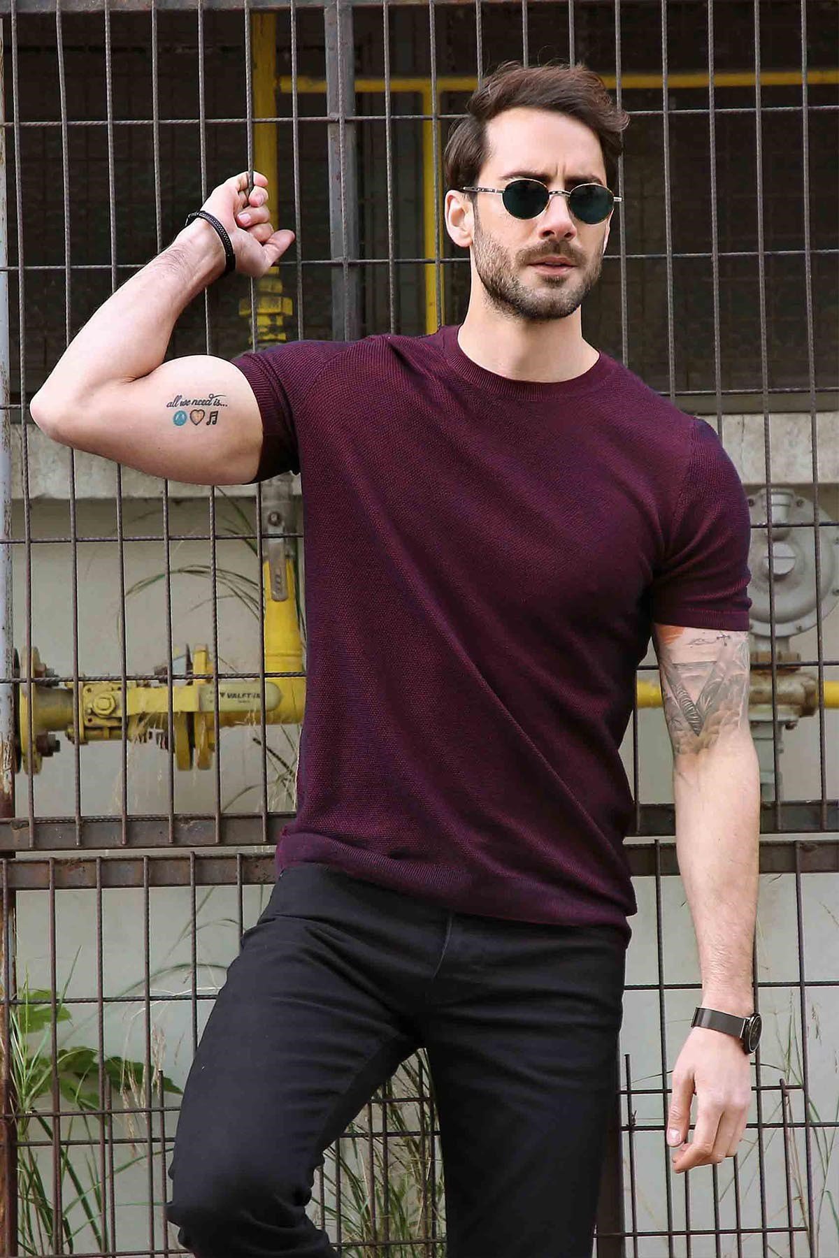 Ferraro Bordo/Laci Kuşgözü Desenli Bisiklet Yaka Erkek Triko T-Shirt