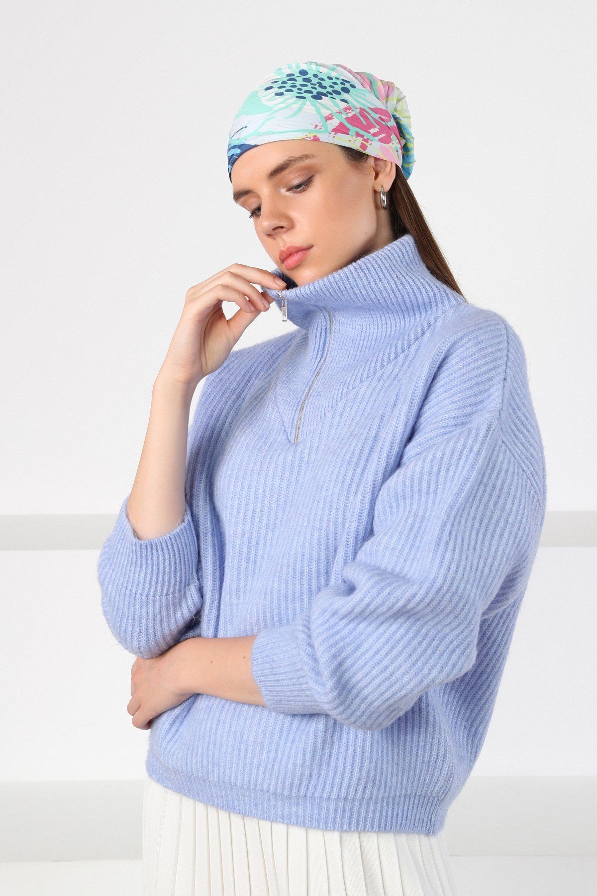 Ferraro Brunnera Blue Fermuarlı Yarım Balıkçı Yaka Kadın Triko Kazak