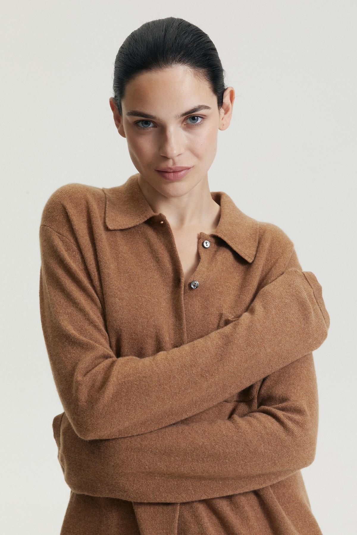 Ferraro Camel %100 Cashmere Gömlek Yaka Düğmeli Kadın Triko Ceket