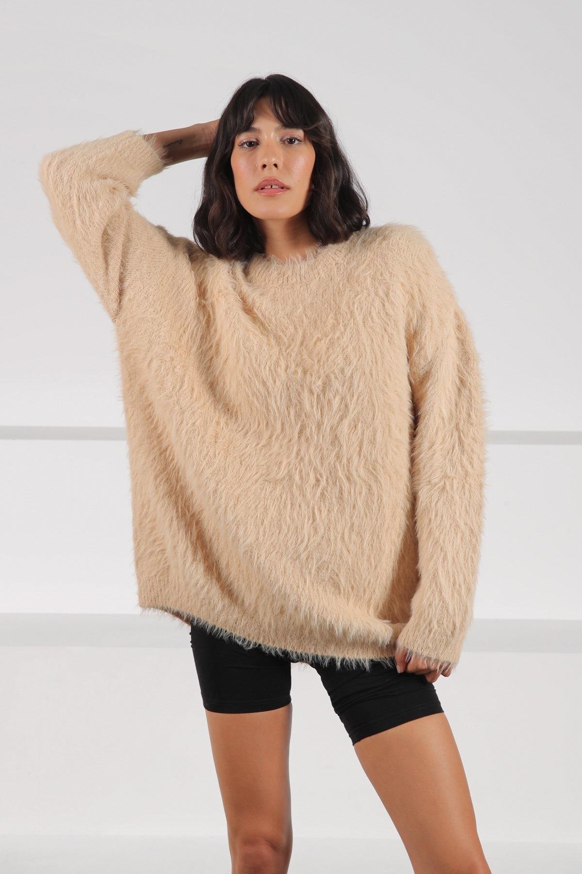 Ferraro Camel Bisiklet Yaka Yünlü Kadın Triko Kazak