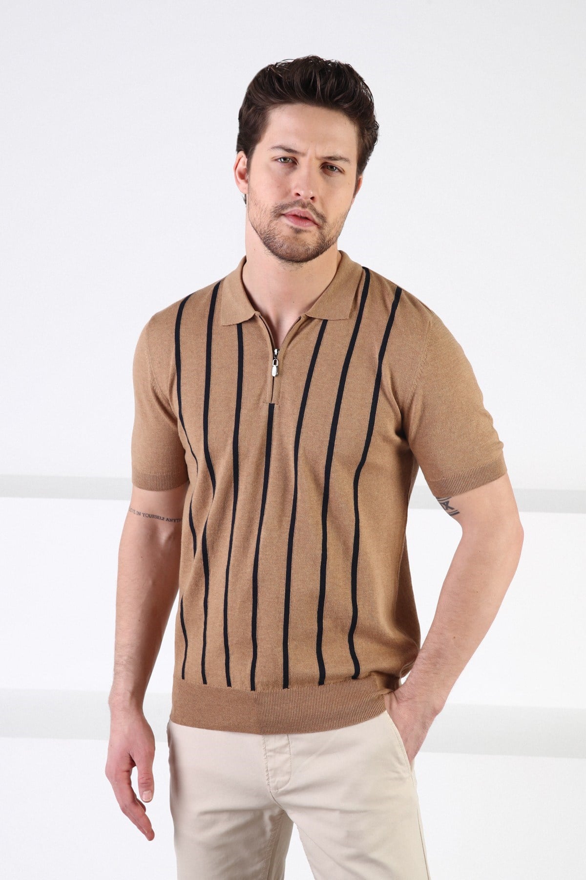 Ferraro Camel Fermuarlı Polo Yaka %100 Pamuk Erkek Triko T-Shirt