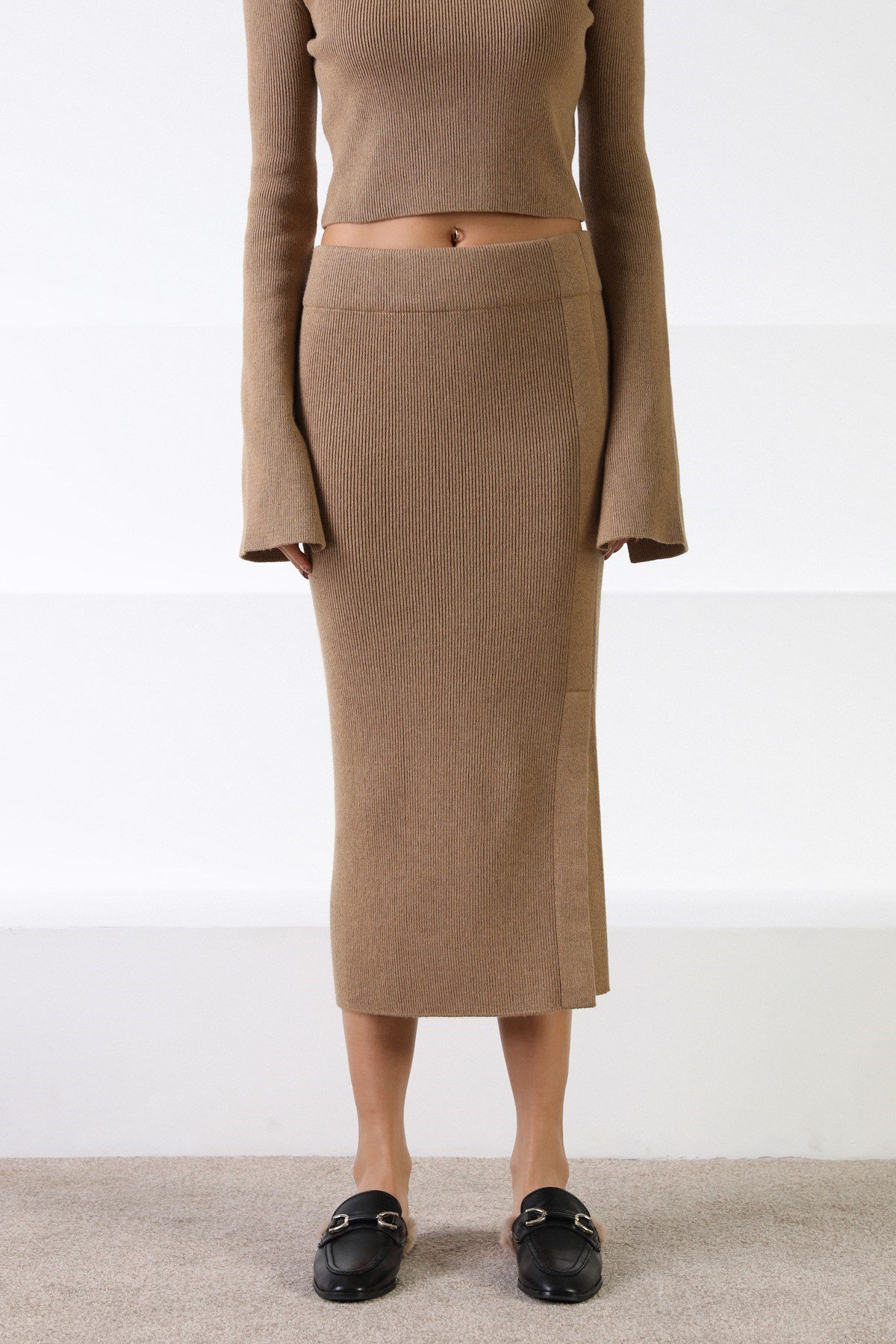 Ferraro Camel Fitilli Kaşmirli Kadın Triko Etek