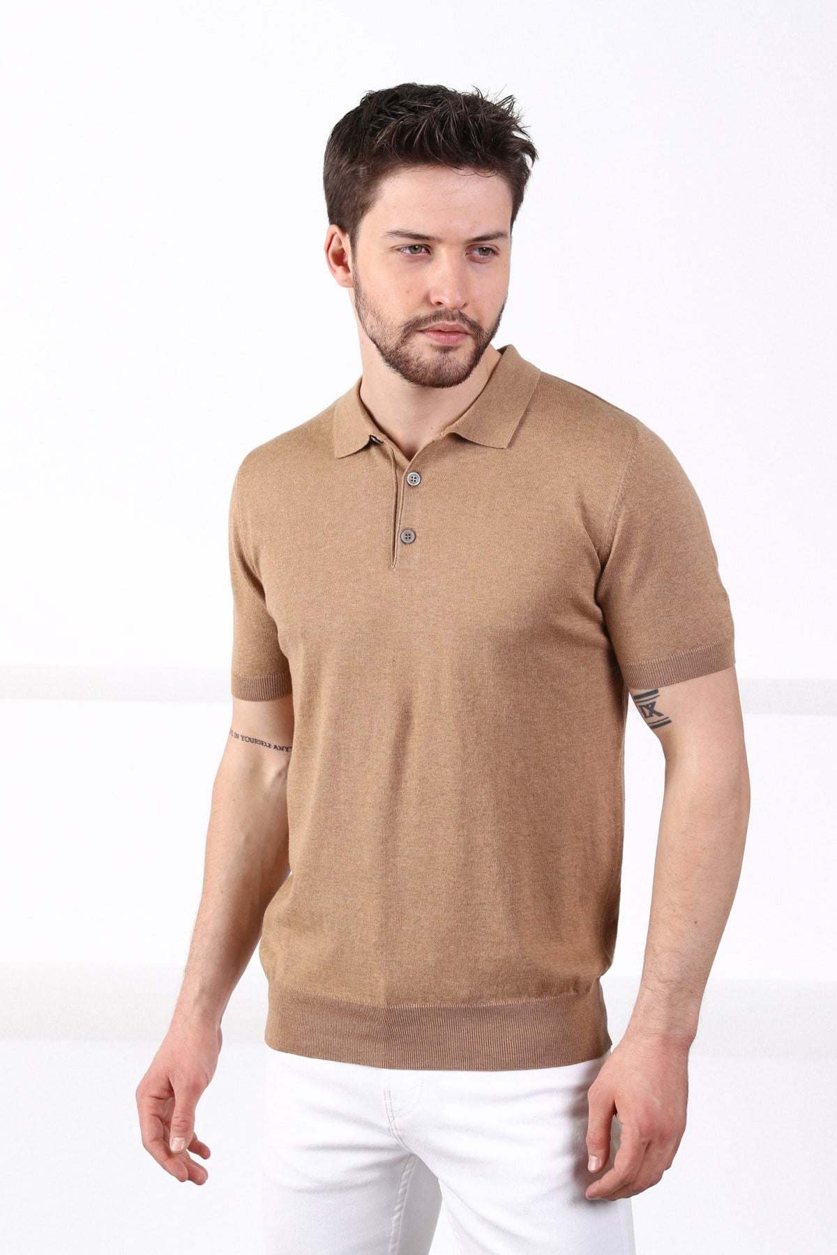 Ferraro Camel Polo Yaka Düz Renk Erkek Pamuk Triko T-Shirt