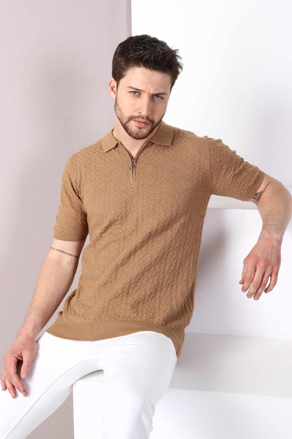 Ferraro Camel Polo Yaka Fermuarlı Erkek Pamuk Triko T-Shirt