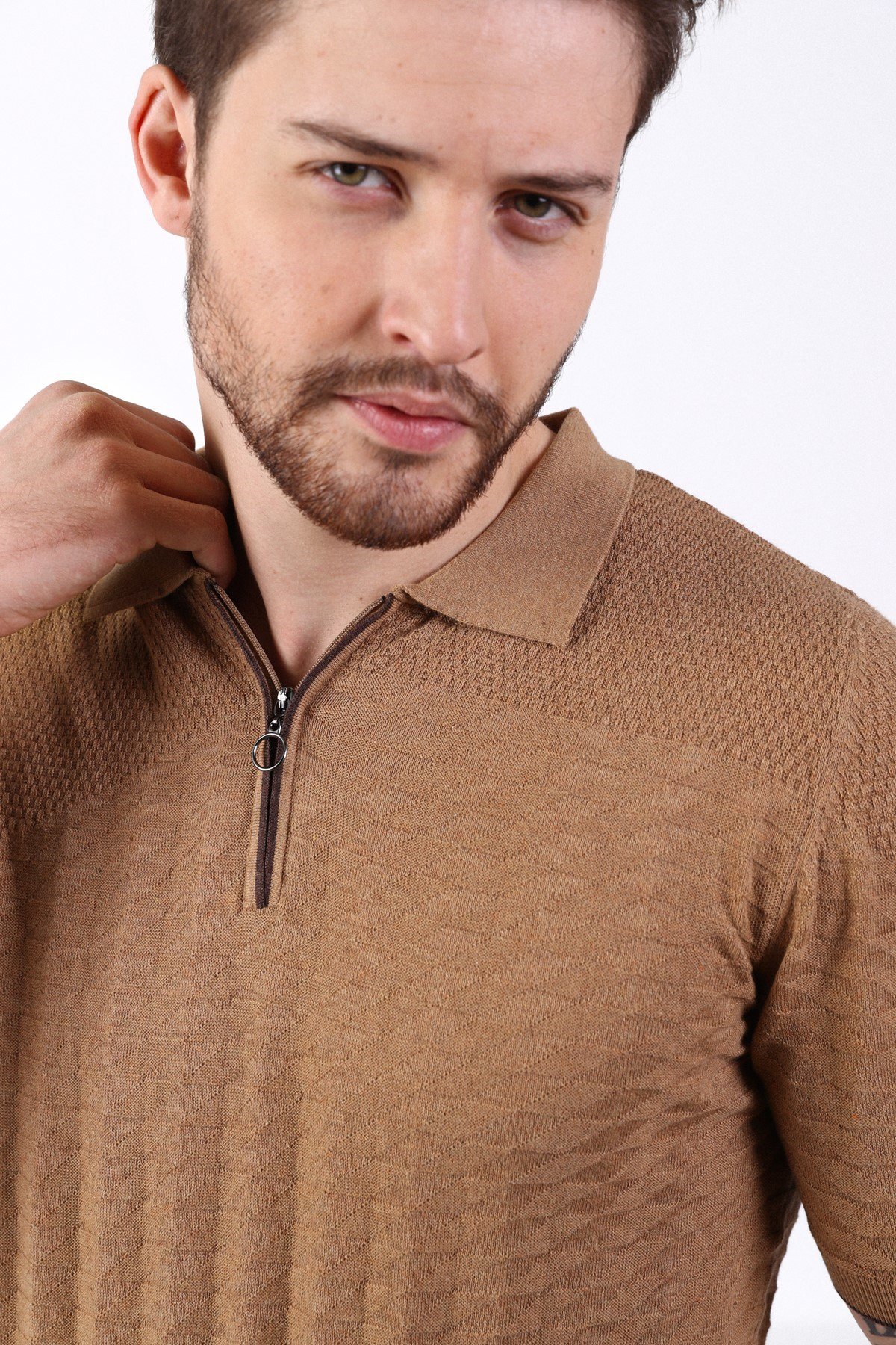 Ferraro Camel Polo Yaka Fermuarlı Erkek Pamuk Triko T-Shirt