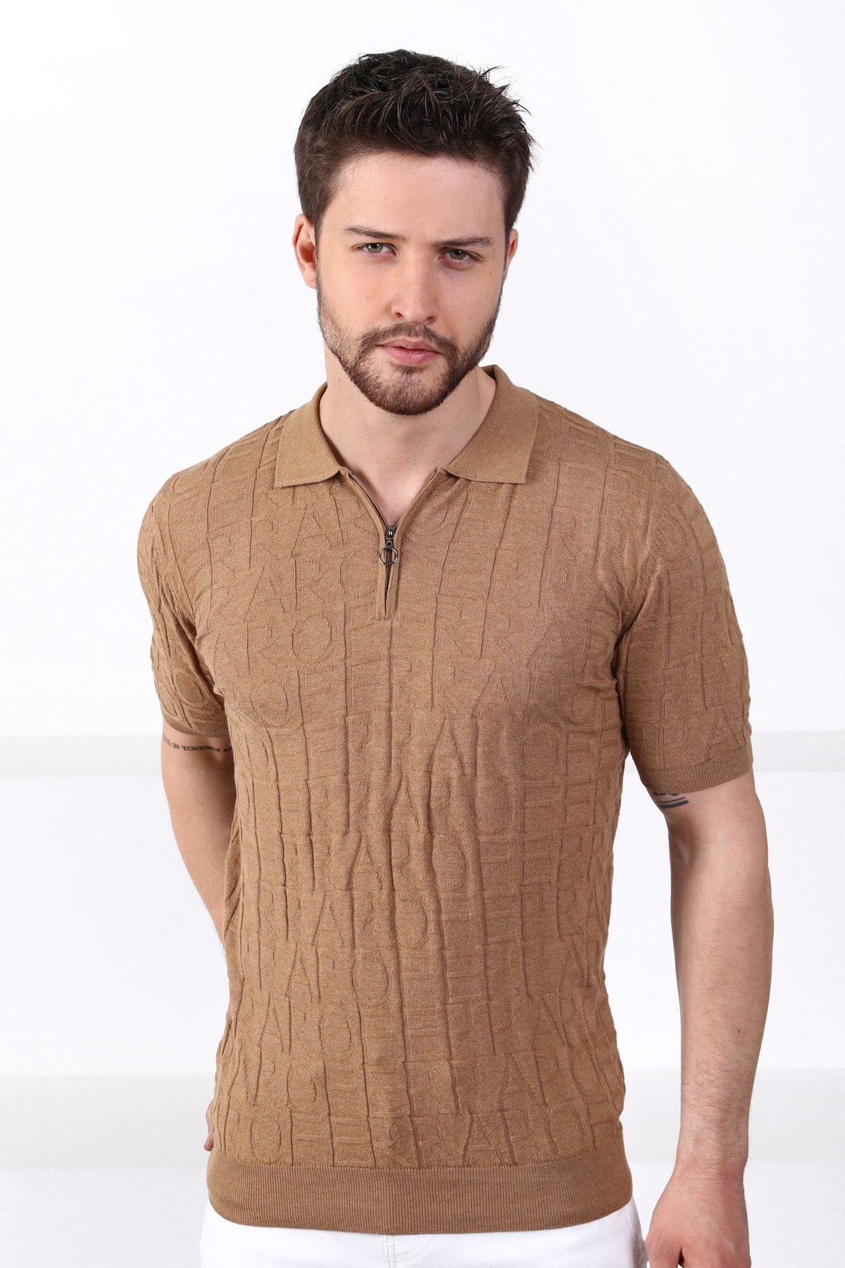 Ferraro Camel Polo Yaka Fermuarlı Erkek Pamuk Triko T-Shirt