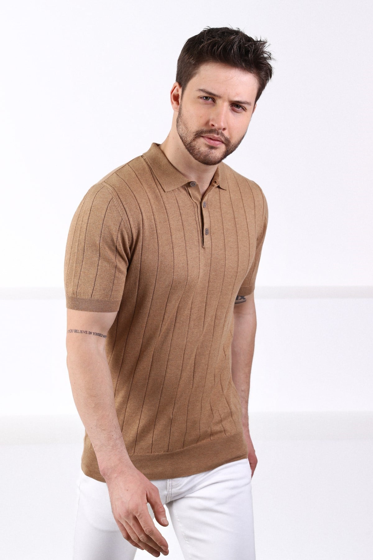 Ferraro Camel Polo Yaka Fitilli Erkek Pamuk Triko T-Shirt